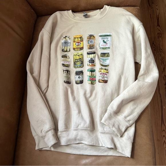 Fun pickle jar sweatshirt pickles quirky kitsch cream green vintage style - Picture 3 of 9